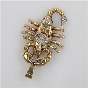 14kt Gold Tri-color Red And Clear Stone Articulated Scorpion Pendant