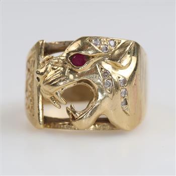 14kt Gold Tri-color Red & Clear Stone Tiger Ring