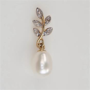 14kt Gold Two Tone Clear Stone Pearl Pendant