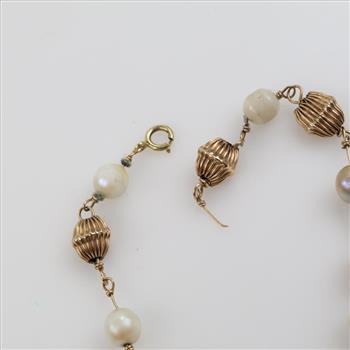 14kt GP Hollow And White Bead Bracelet
