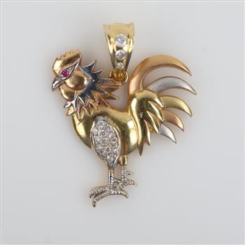 14kt Tri Color Gold Rooster Clear And Red Stone Pendant