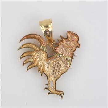 14kt Tri Color Gold Rooster Clear And Red Stone Pendant