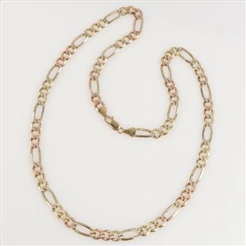 14kt Tri Colored Gold Figaro Chain Link Necklace - Evaluated By Our Certified Gemologist - AGS / GIA