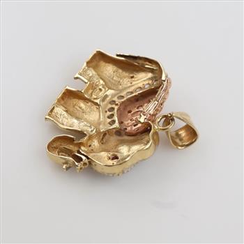 14kt Tri-Color Gold Clear Stone Pink Stone Accent Hollow Elephant Pendant