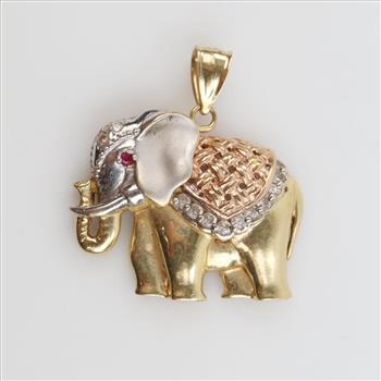 14kt Tri-Color Gold Clear Stone Pink Stone Accent Hollow Elephant Pendant