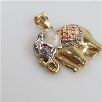 14kt Tri-Color Gold Clear Stone Pink Stone Accent Hollow Elephant Pendant