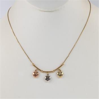 14kt Tri-Color Gold Hollow Heart Charm And Bead Necklace
