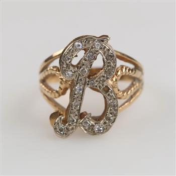 14kt Two Tone GF Diamond B Initial Ring
