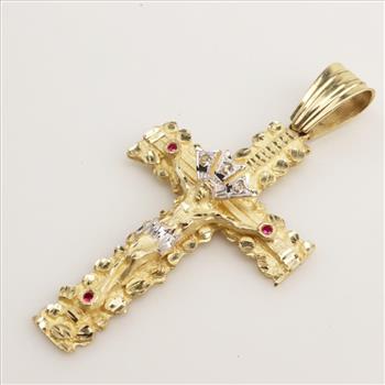 14kt Two Tone Gold Clear Stone Ruby Cross Pendant