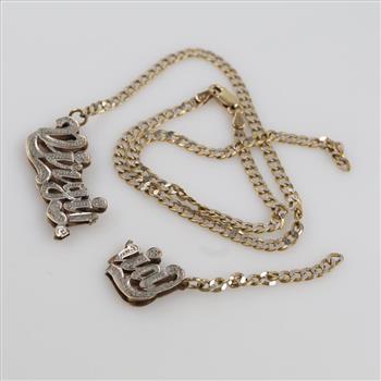 14kt Two Tone Gold Curb Link Necklace 9kt Two Tone Gold Name Pendant