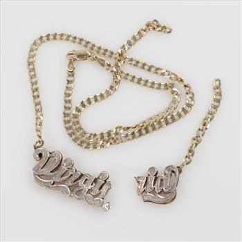 14kt Two Tone Gold Curb Link Necklace 9kt Two Tone Gold Name Pendant