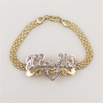 14kt Two Tone Gold Diamond And Ruby I Love You Bracelet