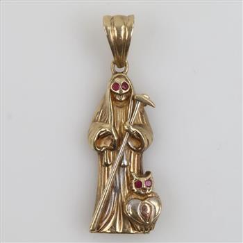 14kt Two Tone Gold Grim Reaper Red Stone Pendant