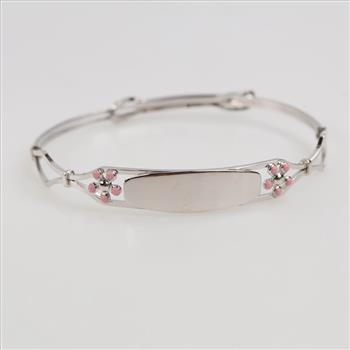 14kt White GF Pink Flower Name Plate Bangle Bracelet
