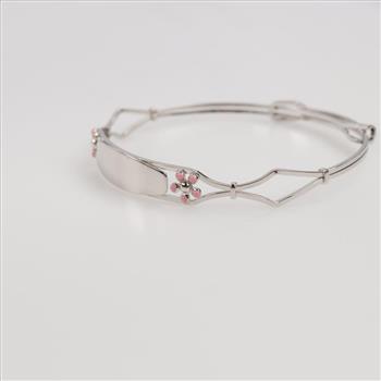 14kt White GF Pink Flower Name Plate Bangle Bracelet