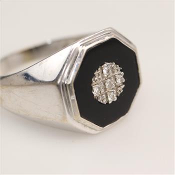 14kt White Gold Black Onyx Diamond Signet Ring