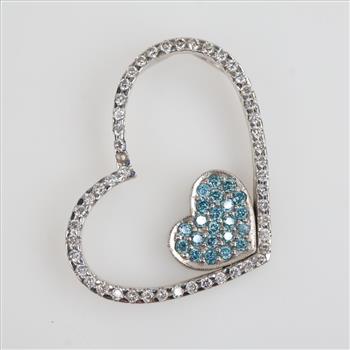14kt White Gold Diamond Blue Stone Accents Heart Pendant