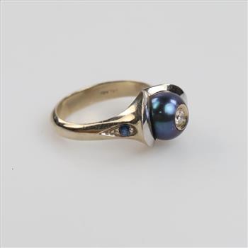 14kt White Gold Diamond Pearl And Blue Stone Ring