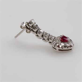 14kt White Gold Diamond Synthetic Ruby Heart Drop Earring