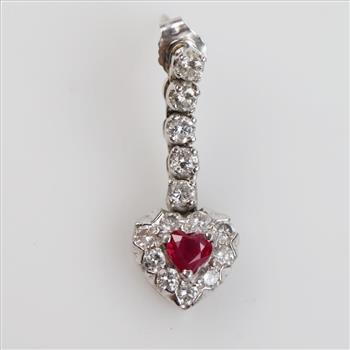 14kt White Gold Diamond Synthetic Ruby Heart Drop Earring
