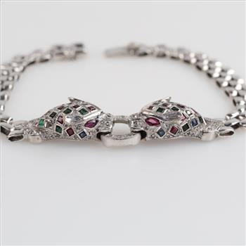 14kt White Gold Multicolor Stone Diamond Accent Cheetah Head Bracelet