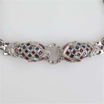 14kt White Gold Multicolor Stone Diamond Accent Cheetah Head Bracelet