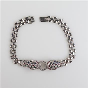 14kt White Gold Multicolor Stone Diamond Accent Cheetah Head Bracelet