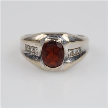 14kt White Gold Red Stone Diamond Accent Ring