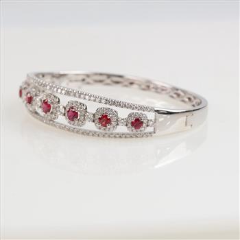 1.75cts TW Diamond Ruby 14kt White Gold Hinged Bangle-Evaluated By Our Certified Gemologist-AGS/GIA