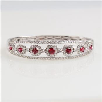 1.75cts TW Diamond Ruby 14kt White Gold Hinged Bangle-Evaluated By Our Certified Gemologist-AGS/GIA