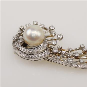 1.83ctTW Diamond Platinum 10kt White Gold Pearl Brooch-Evaluated By Certified Gemologist-AGS/GIA