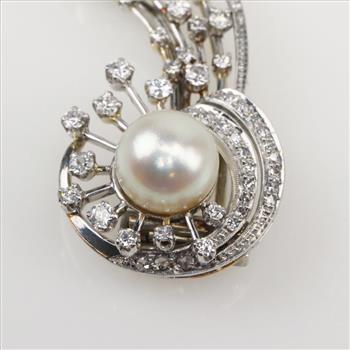 1.83ctTW Diamond Platinum 10kt White Gold Pearl Brooch-Evaluated By Certified Gemologist-AGS/GIA