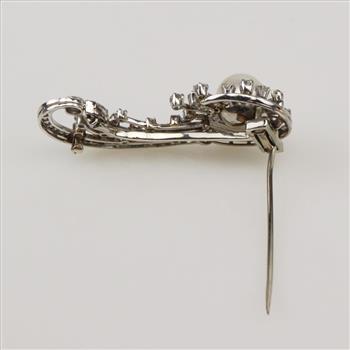 1.83ctTW Diamond Platinum 10kt White Gold Pearl Brooch-Evaluated By Certified Gemologist-AGS/GIA