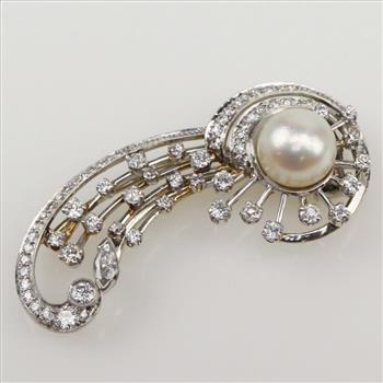 1.83ctTW Diamond Platinum 10kt White Gold Pearl Brooch-Evaluated By Certified Gemologist-AGS/GIA