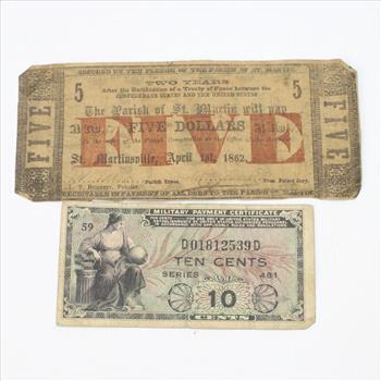 1862 Parish of St Martin 5 Dollar Bill and more, 2 Pieces