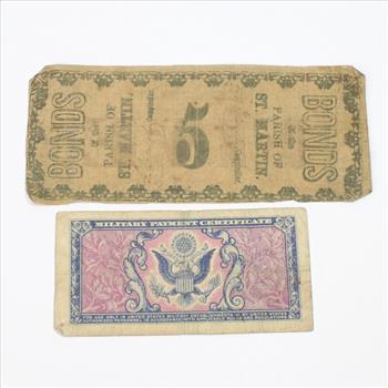 1862 Parish of St Martin 5 Dollar Bill and more, 2 Pieces
