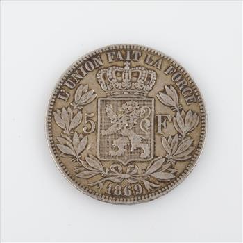 1869 Belgium Silver 5 Francs Coin