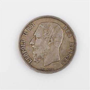 1869 Belgium Silver 5 Francs Coin