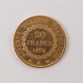 1878 French Guardian Angel Gold 20 Franc