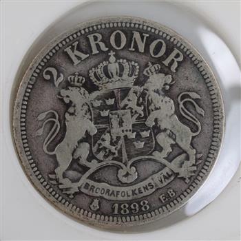 1898 Sweden 2 Kronor Silver Coin