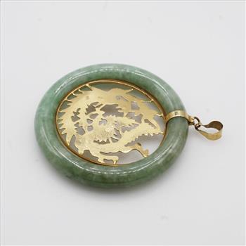 18kt Gold And Jade Circle Pendant Dragon Insert