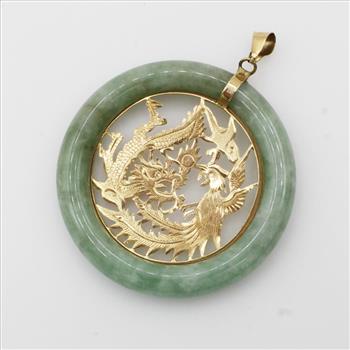 18kt Gold And Jade Circle Pendant Dragon Insert