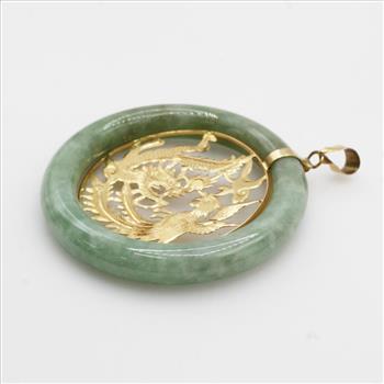 18kt Gold And Jade Circle Pendant Dragon Insert