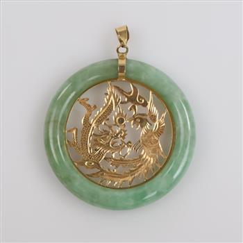18kt Gold And Jade Circle Pendant Dragon Insert