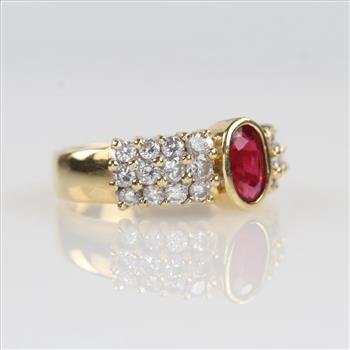 18kt Gold Red Ruby Diamond Accent Ring- Evaluated By Our Certified Gemologist-AGS/GIA