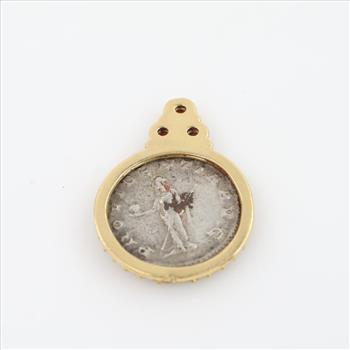 18kt Gold Ruby Coin Holder With Ancient Silver Coin