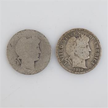 1910 & No Date Barber Silver Dimes, 2 Pieces