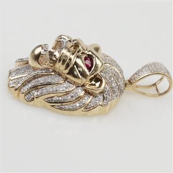 1.91cts TW Diamond 10kt Gold Ruby Lion Head Pendant-Evaluated By Our Certified Gemologist-AGS/GIA