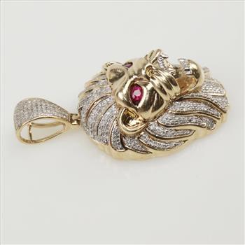1.91cts TW Diamond 10kt Gold Ruby Lion Head Pendant-Evaluated By Our Certified Gemologist-AGS/GIA