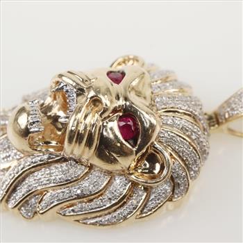 1.91cts TW Diamond 10kt Gold Ruby Lion Head Pendant-Evaluated By Our Certified Gemologist-AGS/GIA